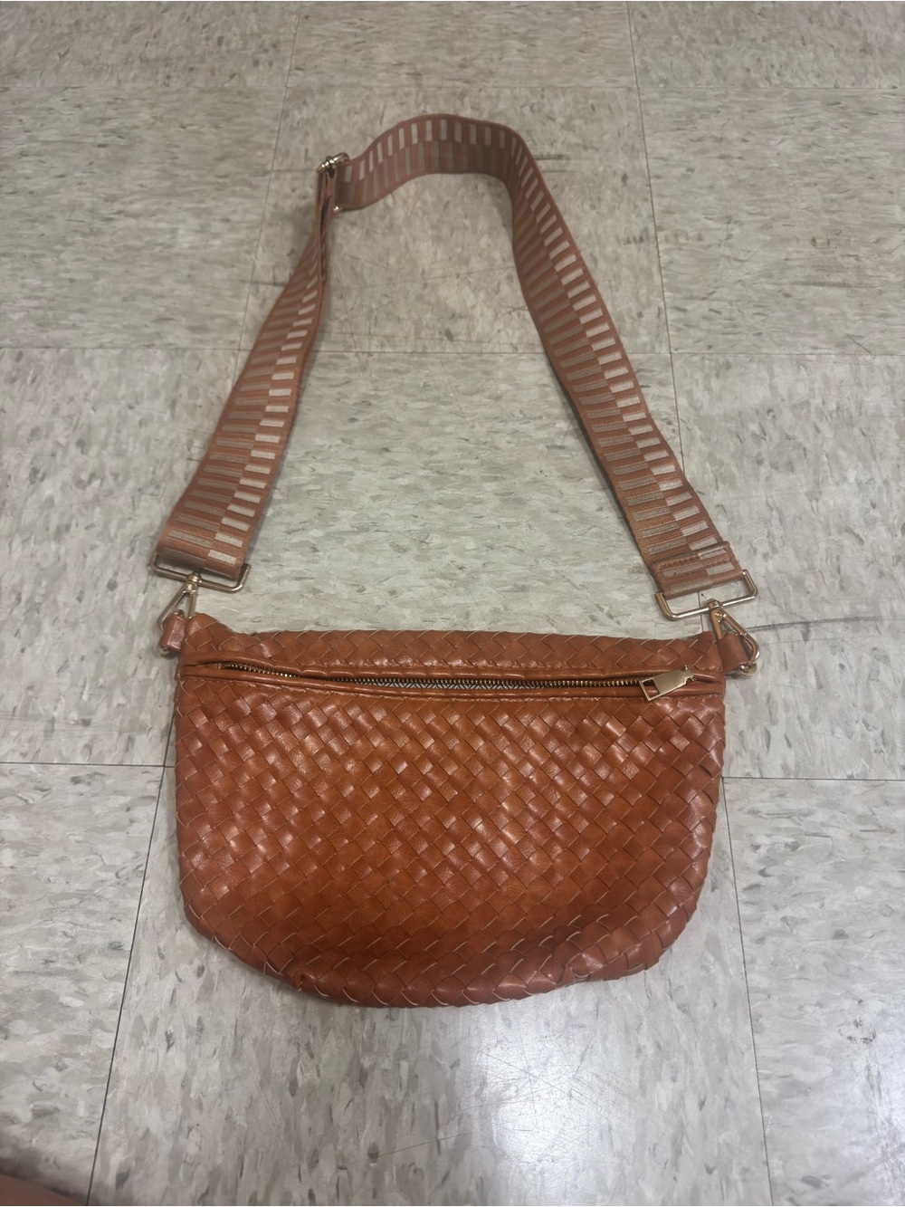 Woven Leather Crossbody Bag with Adjustable Strap in Cognac